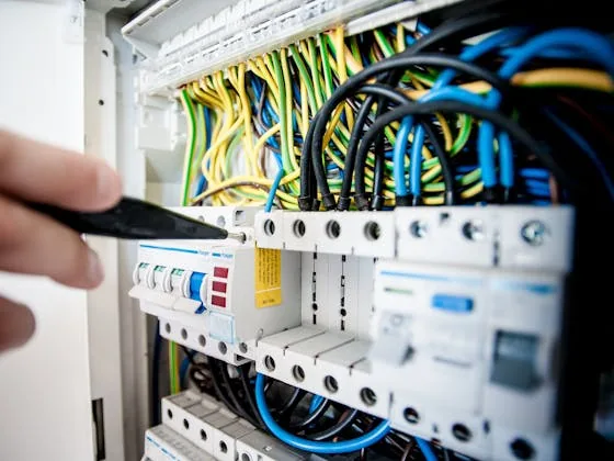 Close-up of a professionally wired electrical panel with organized breakers and color-coded wiring